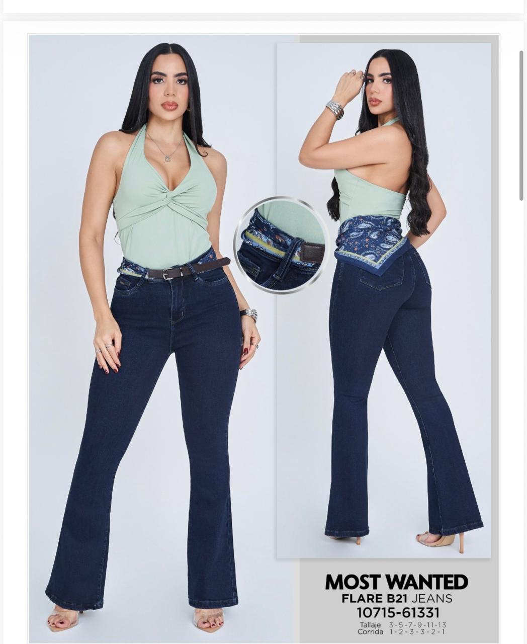 JEAN "MOST WANTED" ESTILO FLARE CON CINTO Y BANDANA - AZUL OSCURO B21
