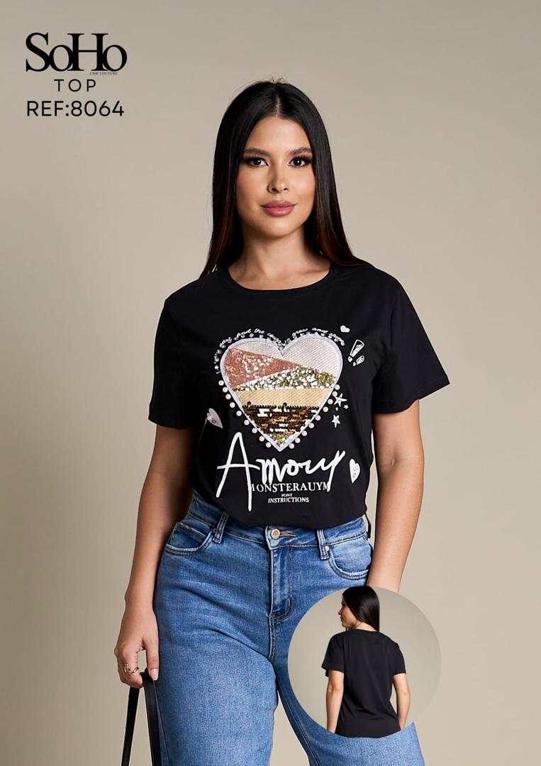 BLUSA DE DAMA "SOHO" SEQUINED HEART BLACK