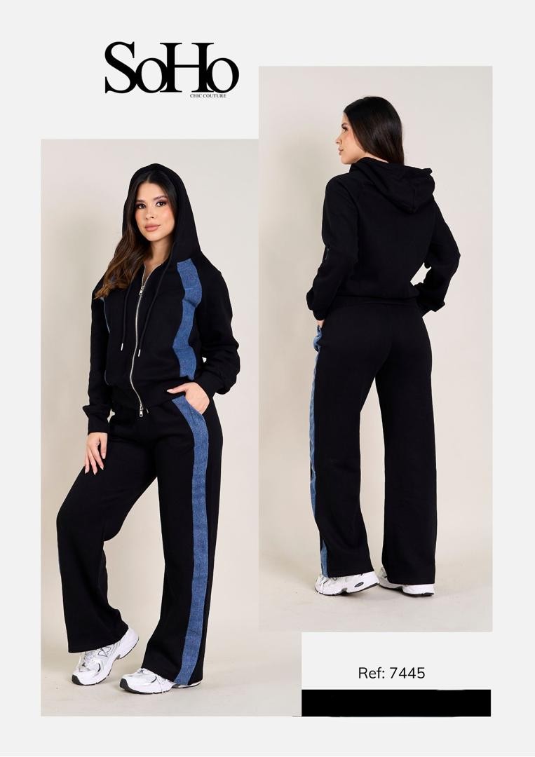 CONJUNTO HOODIE "SOHO" BLACK & DENIM STRIPE TRACKSUIT