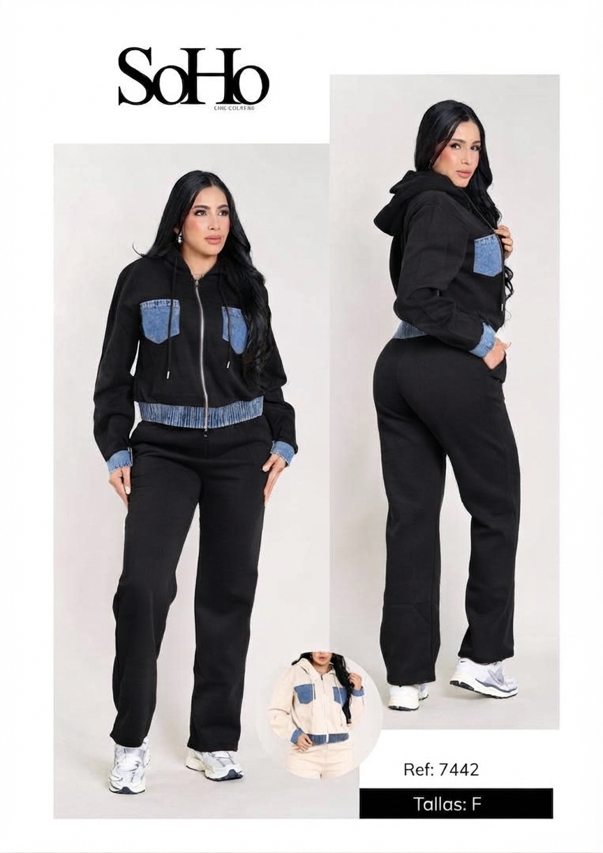CONJUNTO HOODIE "SOHO" PATCHWORK DENIM PACK (MARRÓN Y NEGRO)