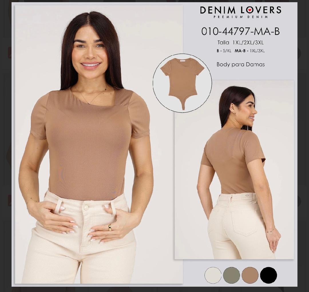 BODY ASIMÉTRICO DE MANGA CORTA PLUS SIZE "DENIM LOVERS" MODERN SQUARE NECK