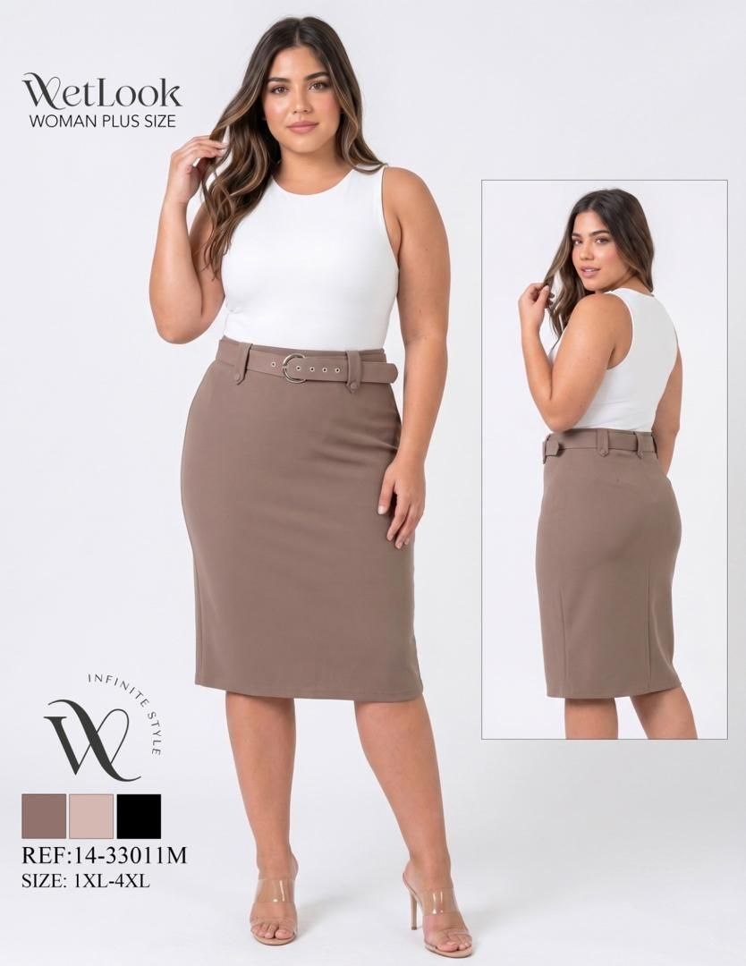 FALDA "WETLOOK WOMAN PLUS SIZE MIDI BELTED SKIRT" MULTI-COLOR PACK