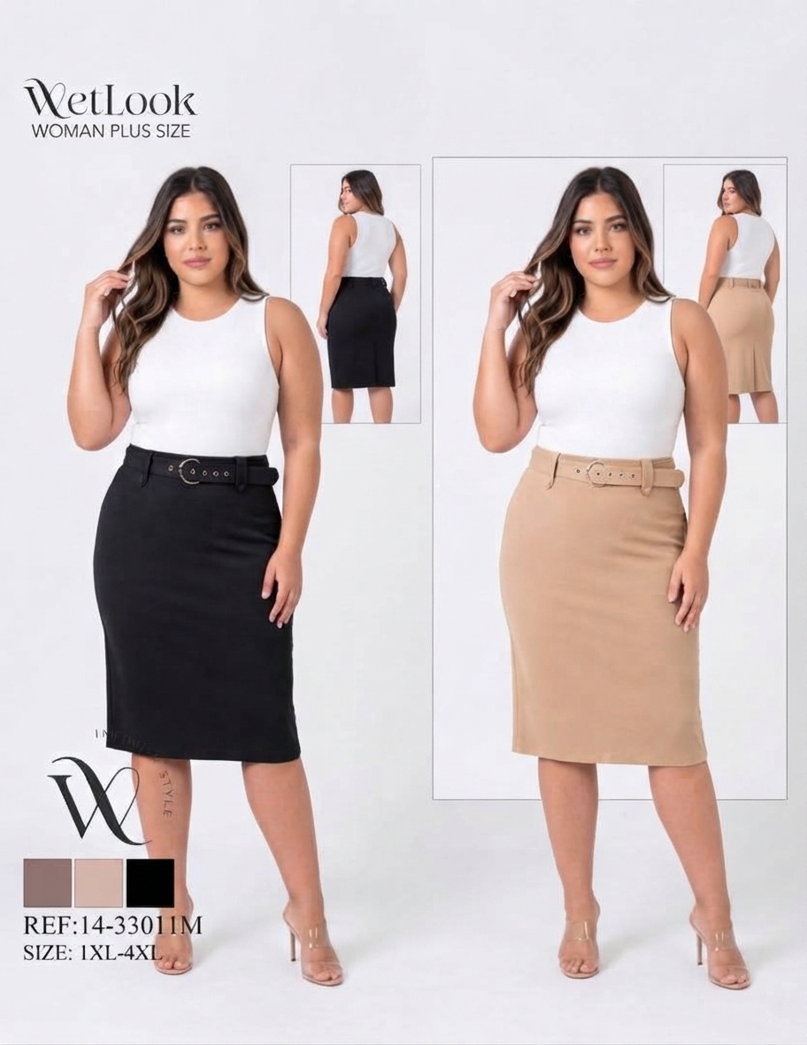 FALDA "WETLOOK WOMAN PLUS SIZE MIDI BELTED SKIRT" MULTI-COLOR PACK