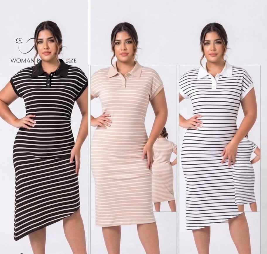 VESTIDO MIDI "AISHA WOMAN PLUS SIZE STRIPED POLO DRESS" MULTI-COLOR PACK
