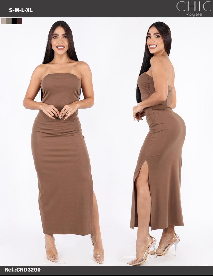 VESTIDO MIDI STRAPLESS "CHIC ROYALE MOKA"