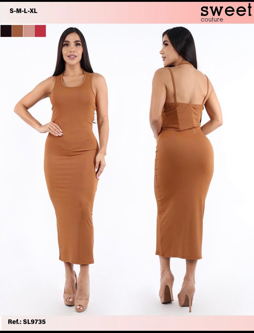VESTIDO MIDI CON TIRANTES "SWEET COUTURE CARAMEL"